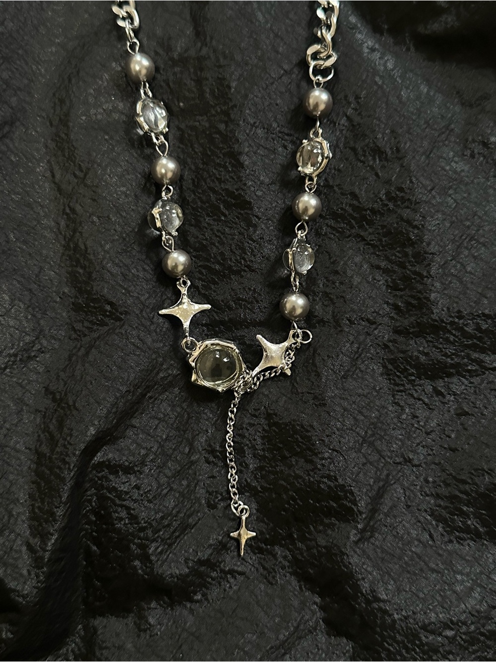 Dolls Kill Silver Star Drop Necklace with Grey Beads